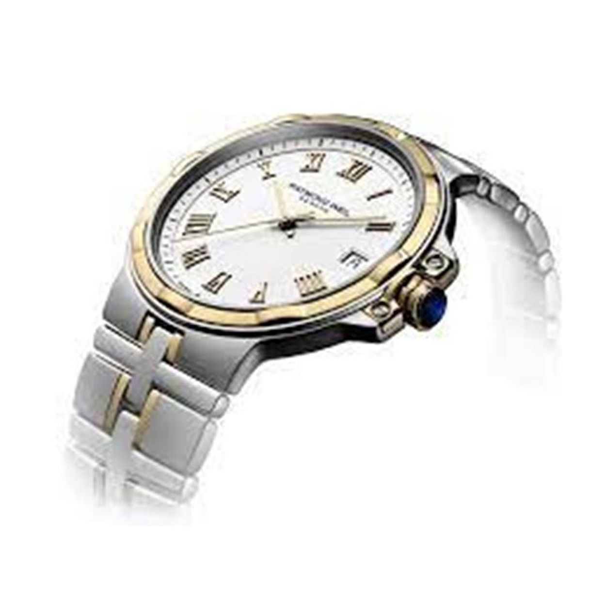 Raymond Weil horloge 5180-STP-00308 uit de Parsifal collectie.

-Stalen schakelhorlogeband bicolour met luxe vouw sluiting
-Kast staal met PVD lunet
-Wijzerplaat wit met datumaanduiding
-Quartz uurwerk
-10 ATM waterdicht
-Saffierglas