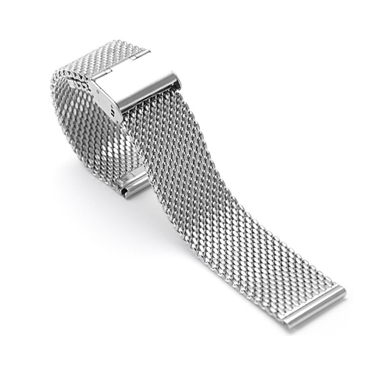 Milanese horlogeband in roestvrij staal en met beveiligingssluiting. Deze band is gemaakt met een ticker 0,6 mm draad.