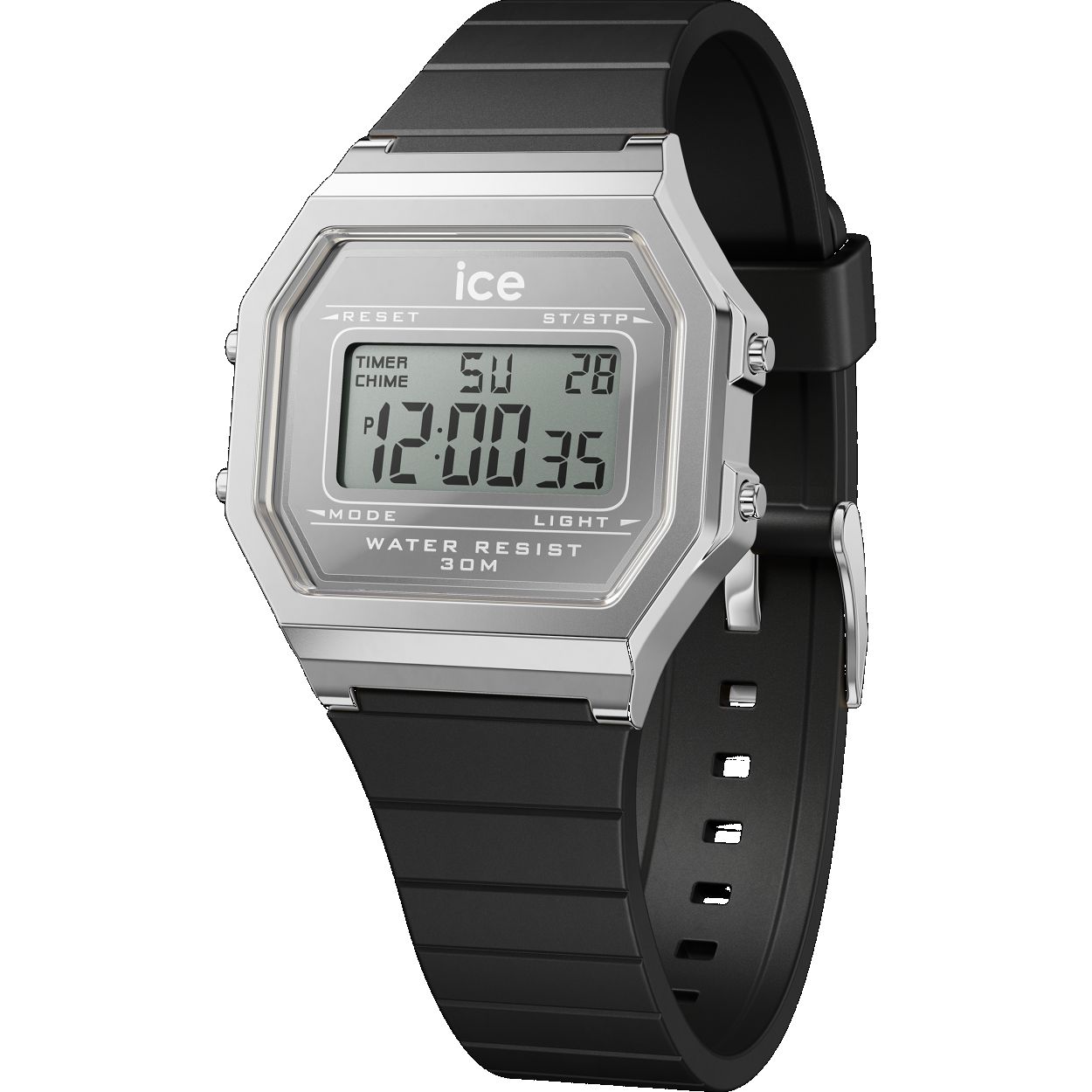Dit Ice Watch Vrouwen horloge beschikt over een Quartz binnenwerk. De kast (33 mm) is vervaardigd uit Kunststof (Zilverkleurig) en heeft een Mineraalglas. De band is Zwart Siliconen. Dit horloge uit de ICE digit retro - Metal silver mirror - Black reeks is een mooi en tijdloos geschenk.