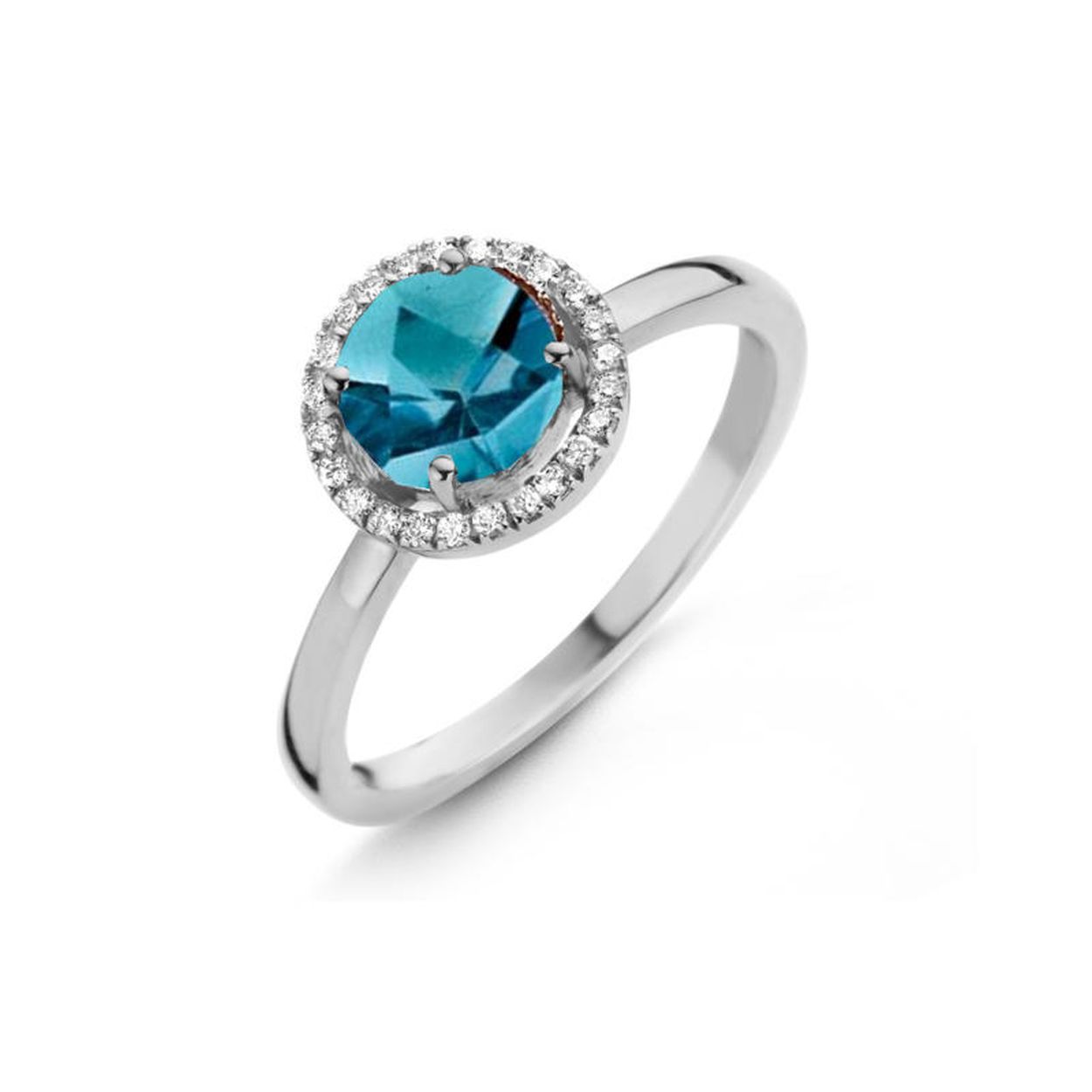 Gouden ring met diamant en Topaas London blue
24 diamanten briljant slijpsel 0.095 ct
1 topaas London blue 1.6 ct
