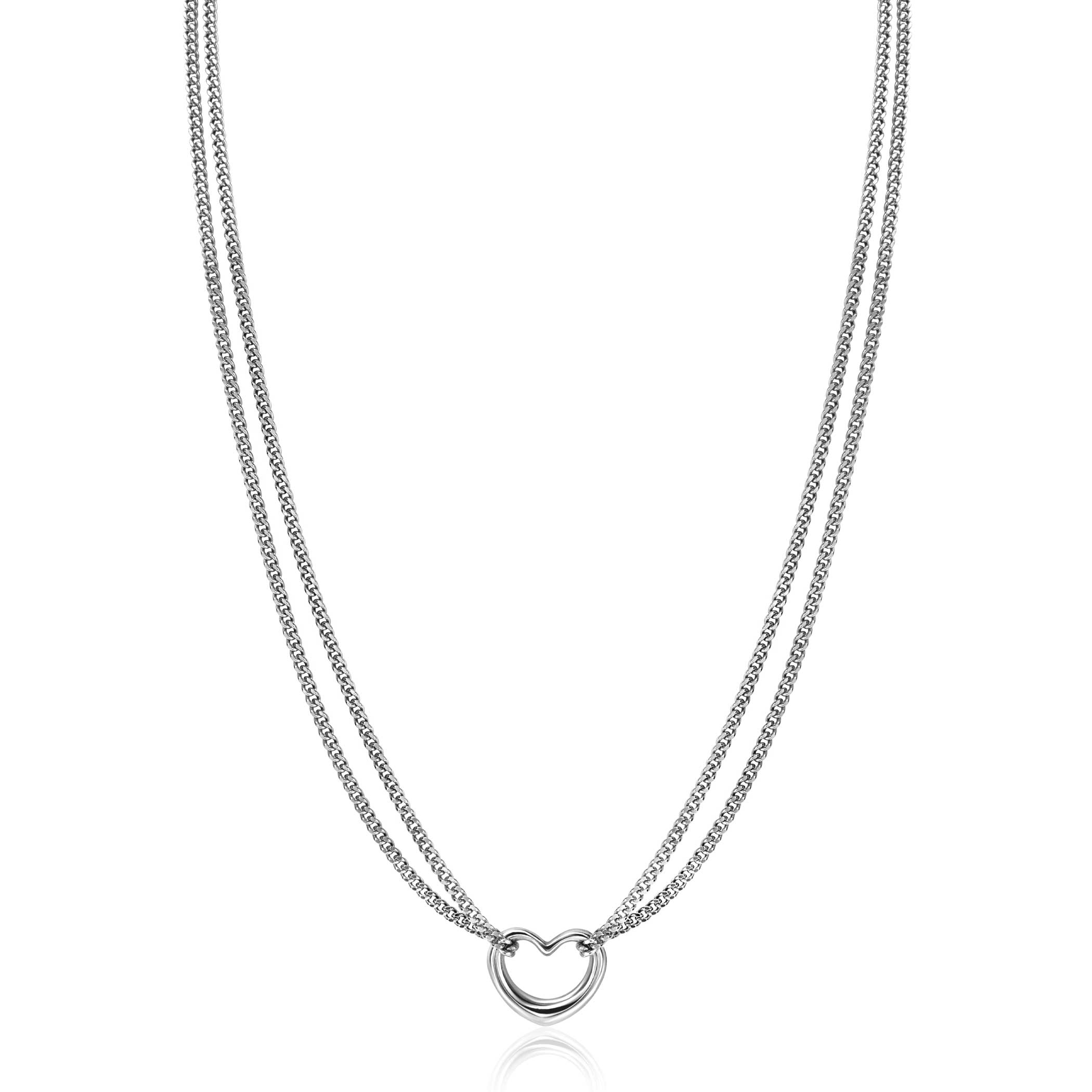 ZINZI zilveren multilook ketting met dubbele gourmet kettinkjes en in het midden een mooi open hart van 14mm. De lengte van deze ketting is te variëren tussen 40 en 43 cm. Met herkenbaar Zinzi hartje bij de sluiting. Vervaardigd van eerste gehalte zilver (925) en met extra rodiumlaag voor een langdurige glans.

