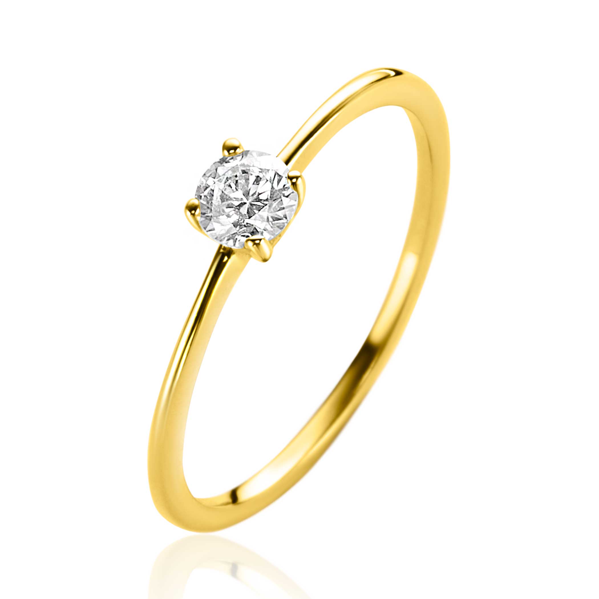 ZINZI Gold 14 krt gouden ring bezet met een ronde witte zirconia in vierpootszetting (4mm) ZGR385