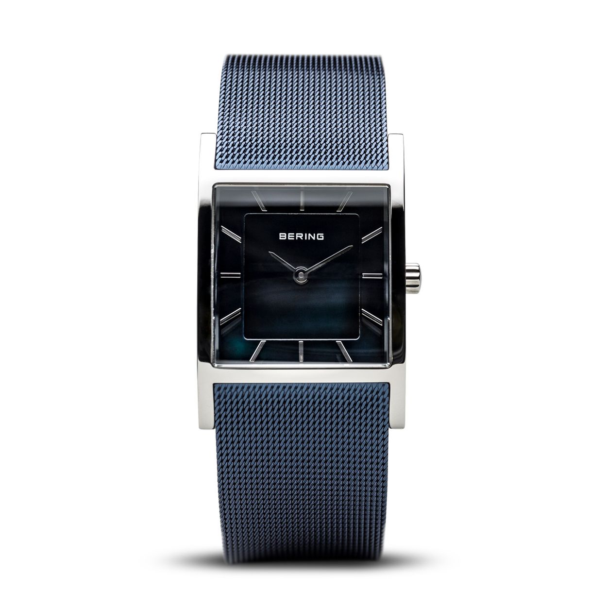 Bering dames horloge, blauwe milanese band, vierkante kast, blauw parelmoer wijzerplaat