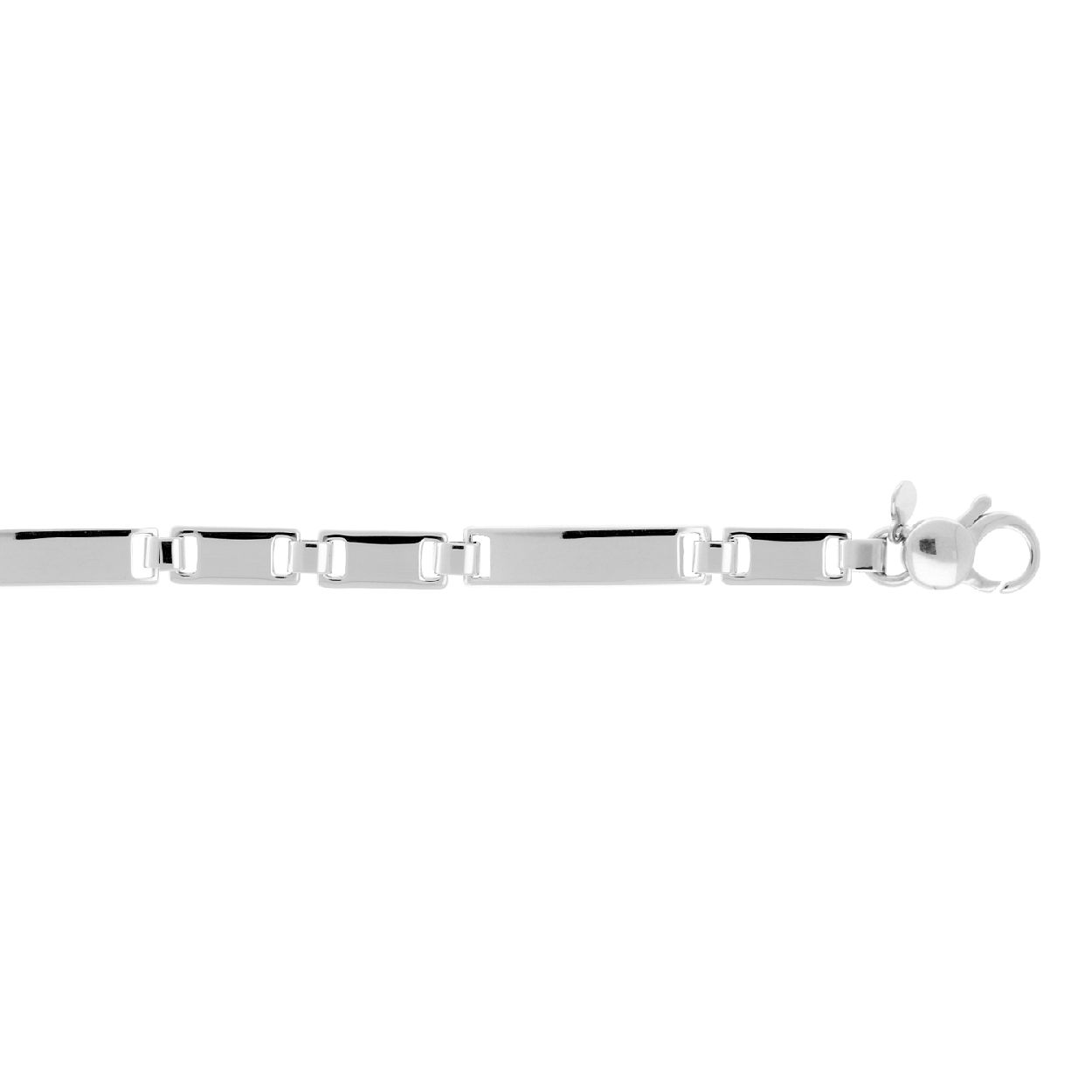 Deze armband is te personaliseren met een gravure in de 3 langere plaatjes
gerhodineerd
Lengte: 20cm
