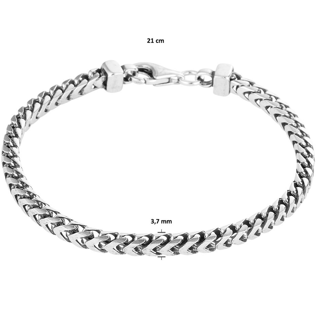 Geoxideerd zilveren armband uitgevoerd met een karabijn sluiting. De armband heeft een lengte van 21cm. De schakelbreedte is 3.7mm.
