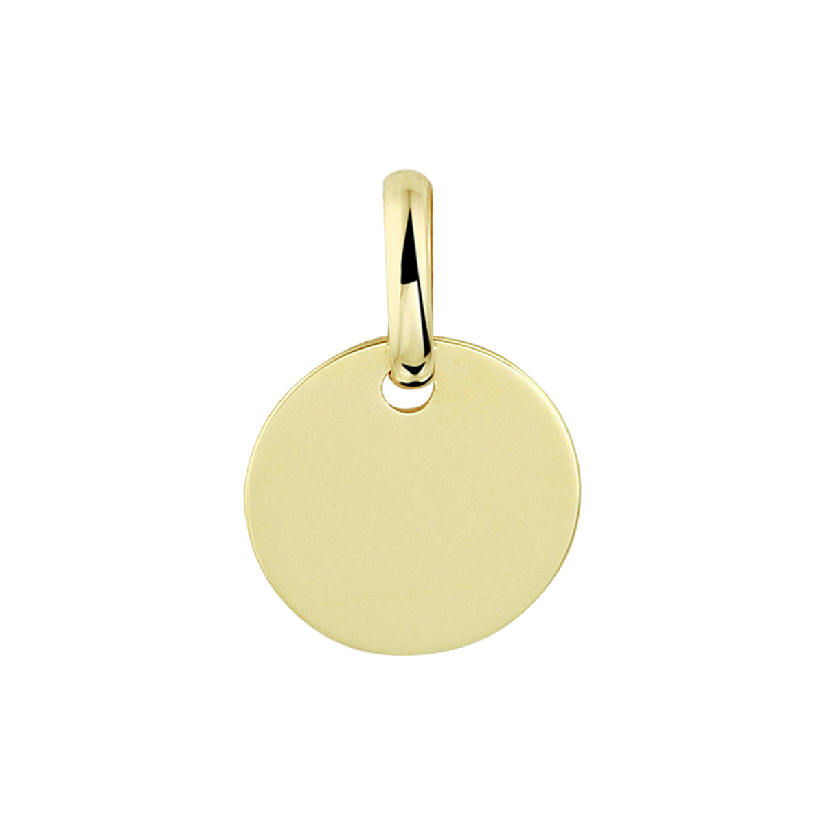 14k Geelgouden graveerhanger met een stevig hangoog. De totale hoogte van de graveerhanger is 1.5cm. Het rondje heeft een afmeting van 10mm en een dikte van 0.5mm.