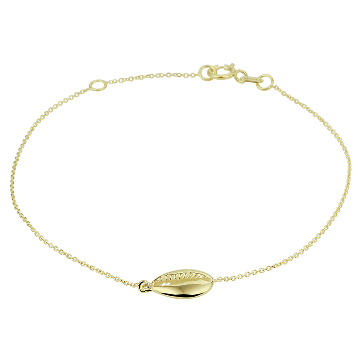 14k Geelgouden armband uitgevoerd met een schelp. De armband heeft draaglengtes van 16 en 18cm. De schelp heeft een afmeting van 6.7x12.3mm. De schakelbreedte is 0.7mm.