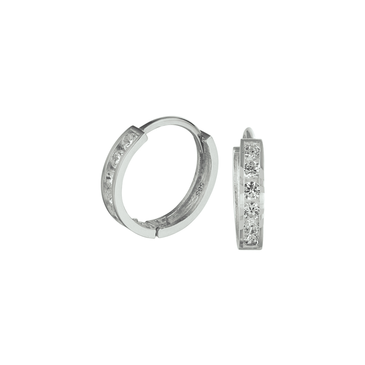 14k Witgouden oorringen met scharnier uitgevoerd met een zirkonia rij. De afmeting van de oorringen is 11x2.3mm.
