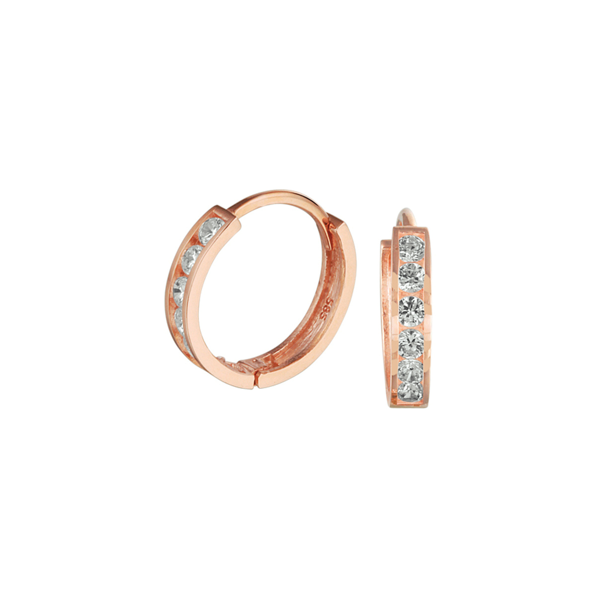 14k Rosegouden oorringen met scharnier uitgevoerd met een zirkonia rij. De afmeting van de oorringen is 11x2.3mm.
