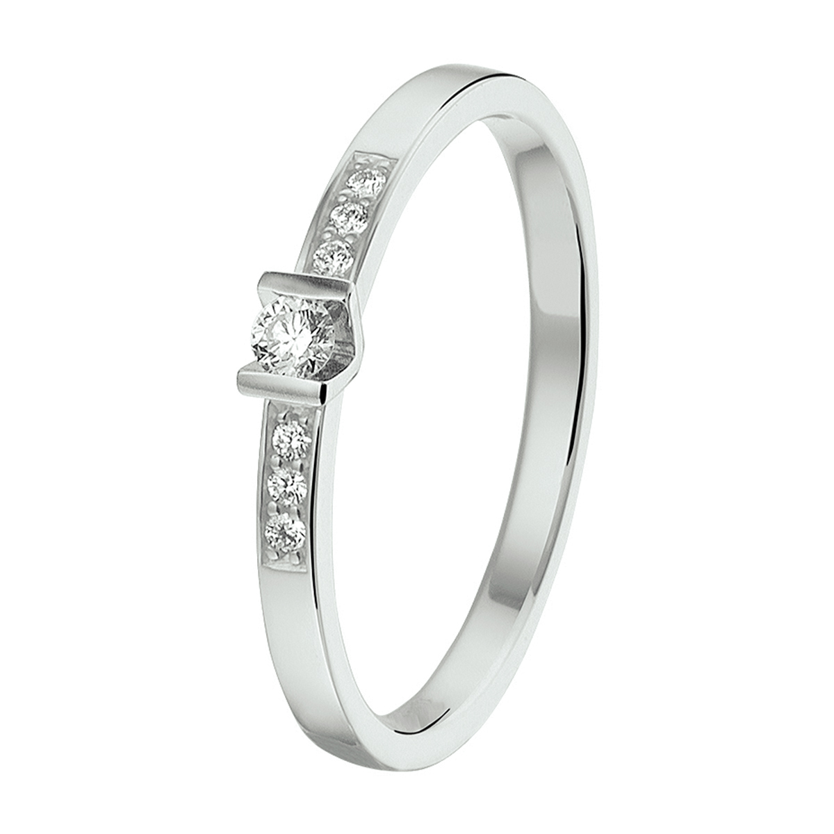 Ring in witgoud met een palladium legering van 2.5mm breed uitgevoerd met een luxe ingespannen briljant geslepen diamant 0.085ct.