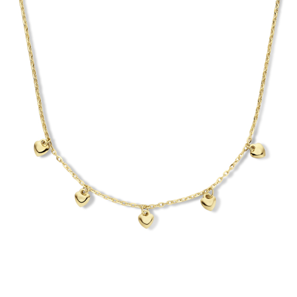 Geelgoud op 925 zilveren collier met hartjes. Het collier heeft een draaglengte van 36cm en een extensie van 4cm. De schakelbreedte is 1.5mm. Uitgevoerd met een karabijn sluiting. Geen garantie op plating.