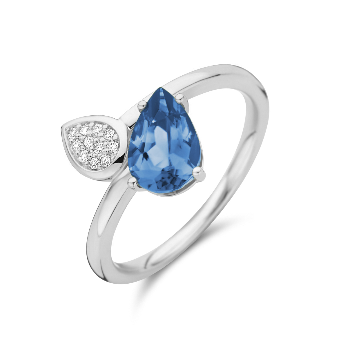 14k Witgouden ring uitgevoerd met schitterende London blue topaas en diamant. De ring heeft een afmeting van 14x10mm. Het diamantgewicht is 0.055ct.