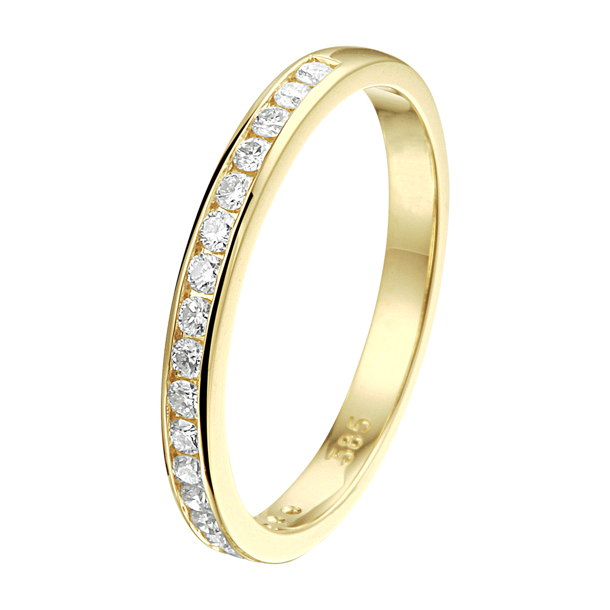14k Geelgouden ring uitgevoerd met een schitterende diamant rij. De ring heeft een breedte van 2.2mm.
