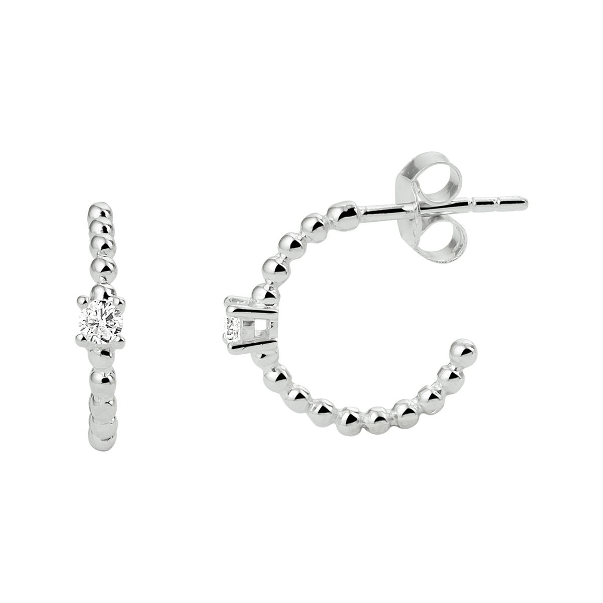 Gerhodineerd 925 zilveren stekeroorringen uitgevoerd met bolletjes en een schitterende zirkonia. De oorstekers hebben een dikte van 2.5mm.