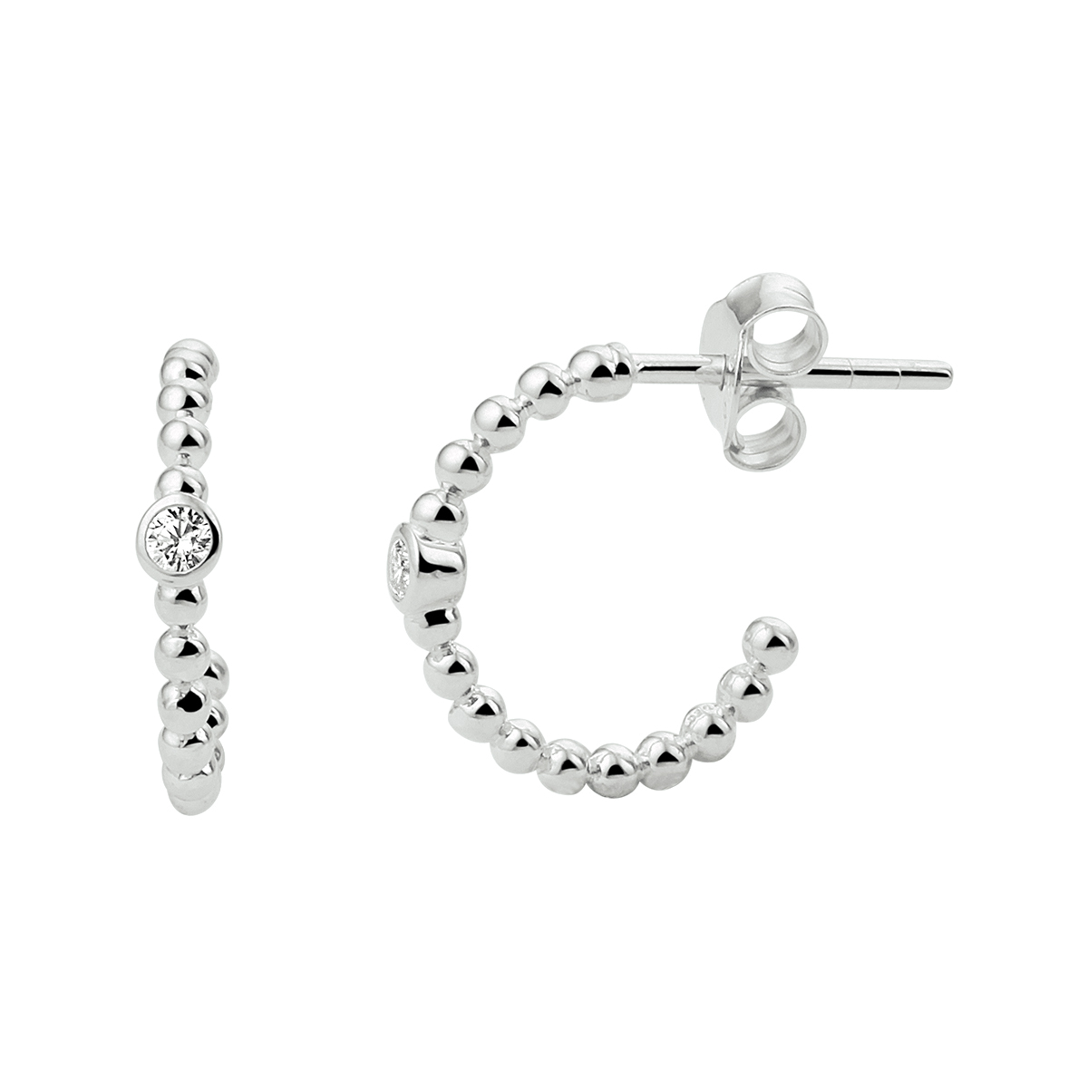 Gerhodineerd 925 zilveren stekeroorringen uitgevoerd met bolletjes en een schitterende zirkonia. De oorstekers hebben een afmeting van 13.5x2.5mm.