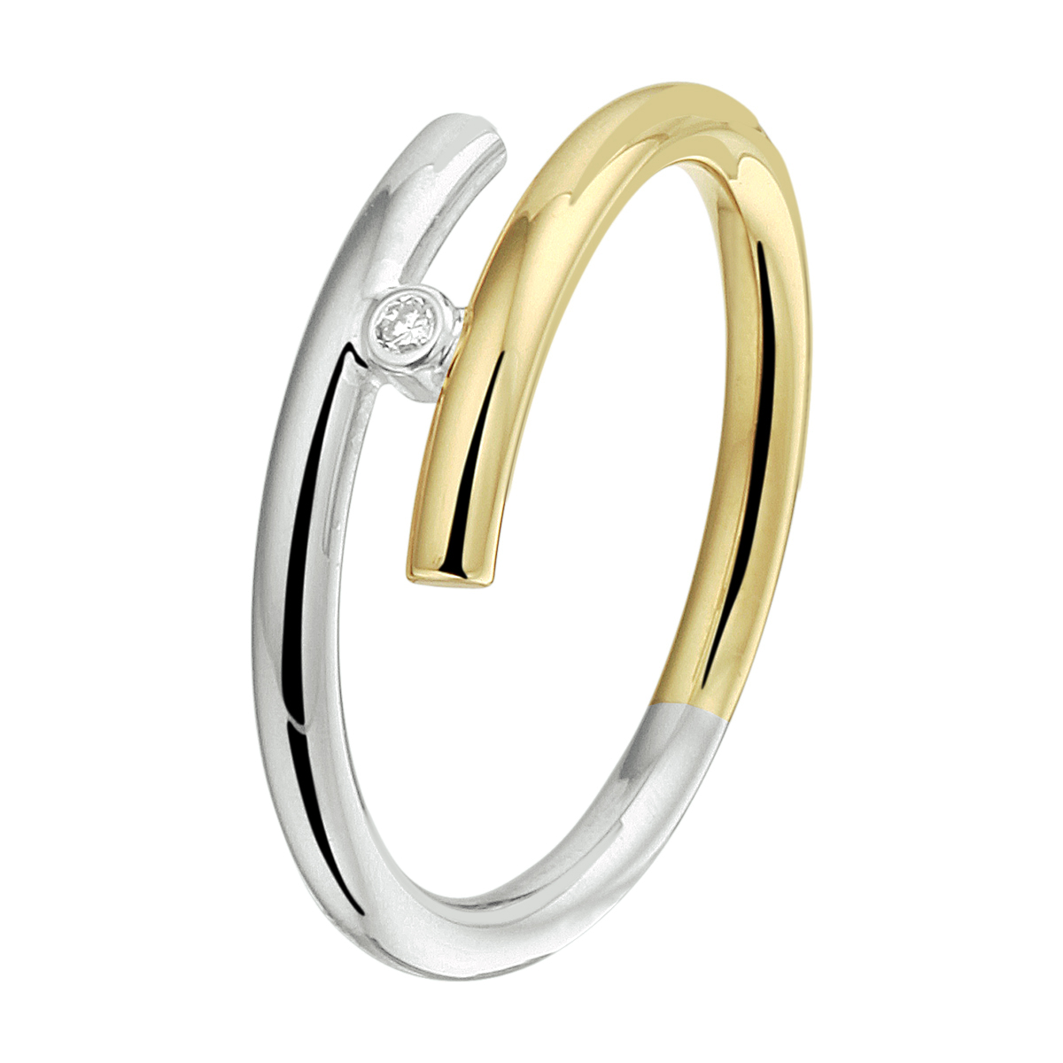 14k Bicolor geel- en witgouden ring met een kern van 925 zilver, uitgevoerd met een schitterende diamant. De ring heeft een breedte van 6mm. Mt 17.5