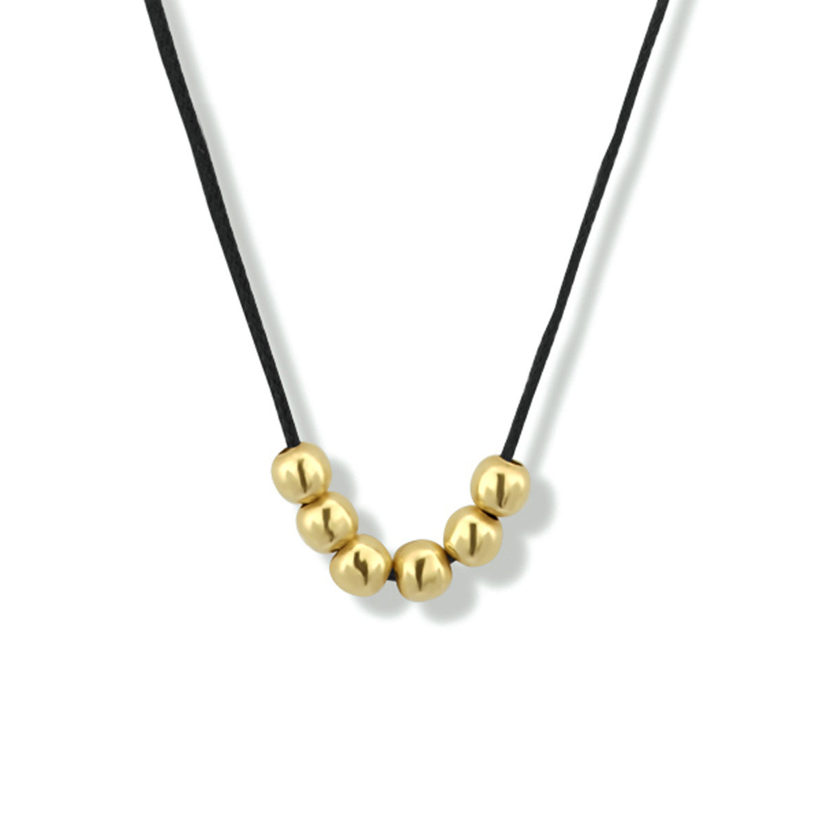 Zwart katoenen collier uitgevoerd met 14k geelgouden bolletjes met een breedte van 3mm. Het collier heeft een vertelbare lengte tot 60cm.
