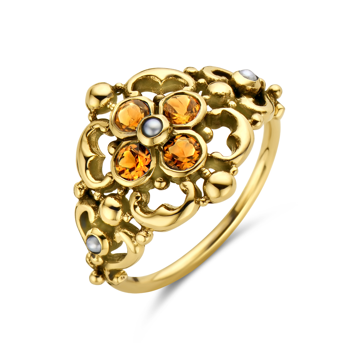 14k Geelgouden vintage ring uitgevoerd met citrien stenen en zoetwaterparels. De ring heeft een breedte van 15mm.
