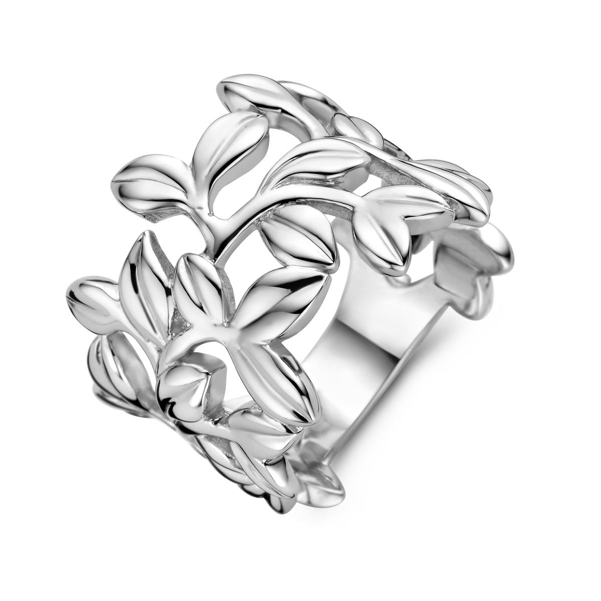 Gerhodineerd 925 zilveren ring met een breedte van 16.5mm. De ring heeft een voorstelling met bladeren.