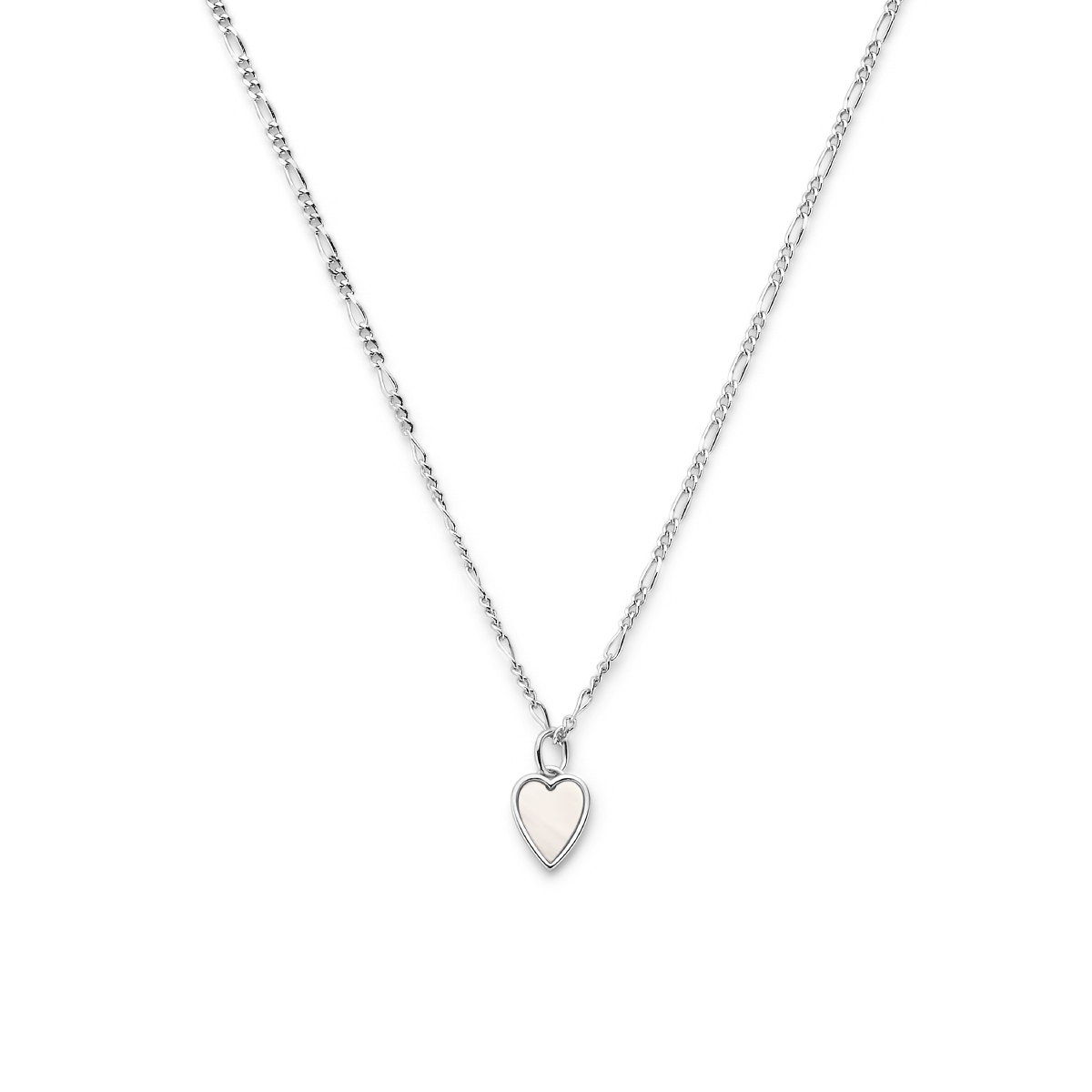 Gerhodineerd 925 zilveren collier uitgevoerd met een hart hanger en parelmoer. Het collier heeft een draaglengte 41cm en een extensie van 4cm. De schakelbreedte is 1.5mm.