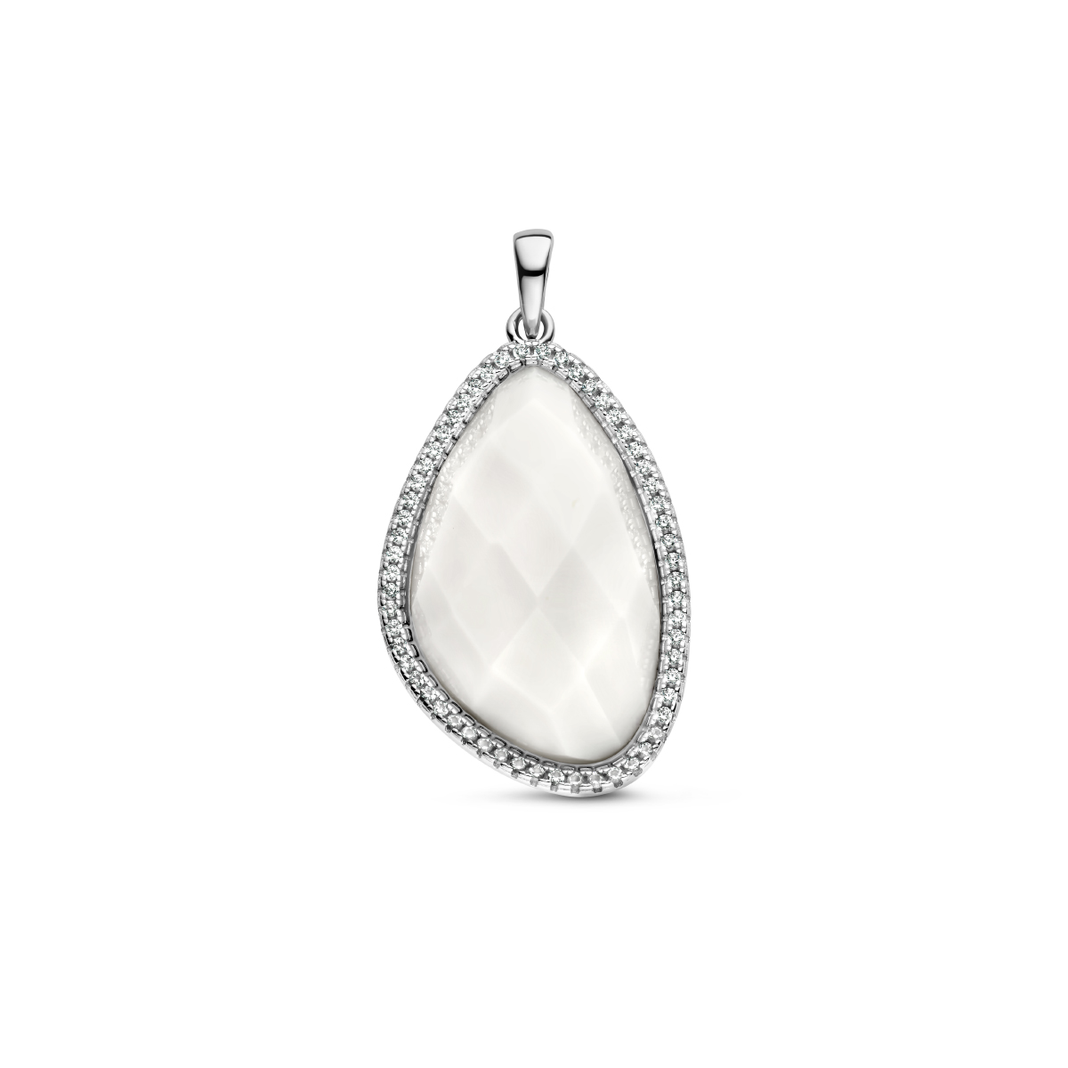 Gerhodineerd 925 zilveren hanger uitgevoerd met chalcedoon en zirkonia. De hanger heeft een totale hoogte van 36mm.