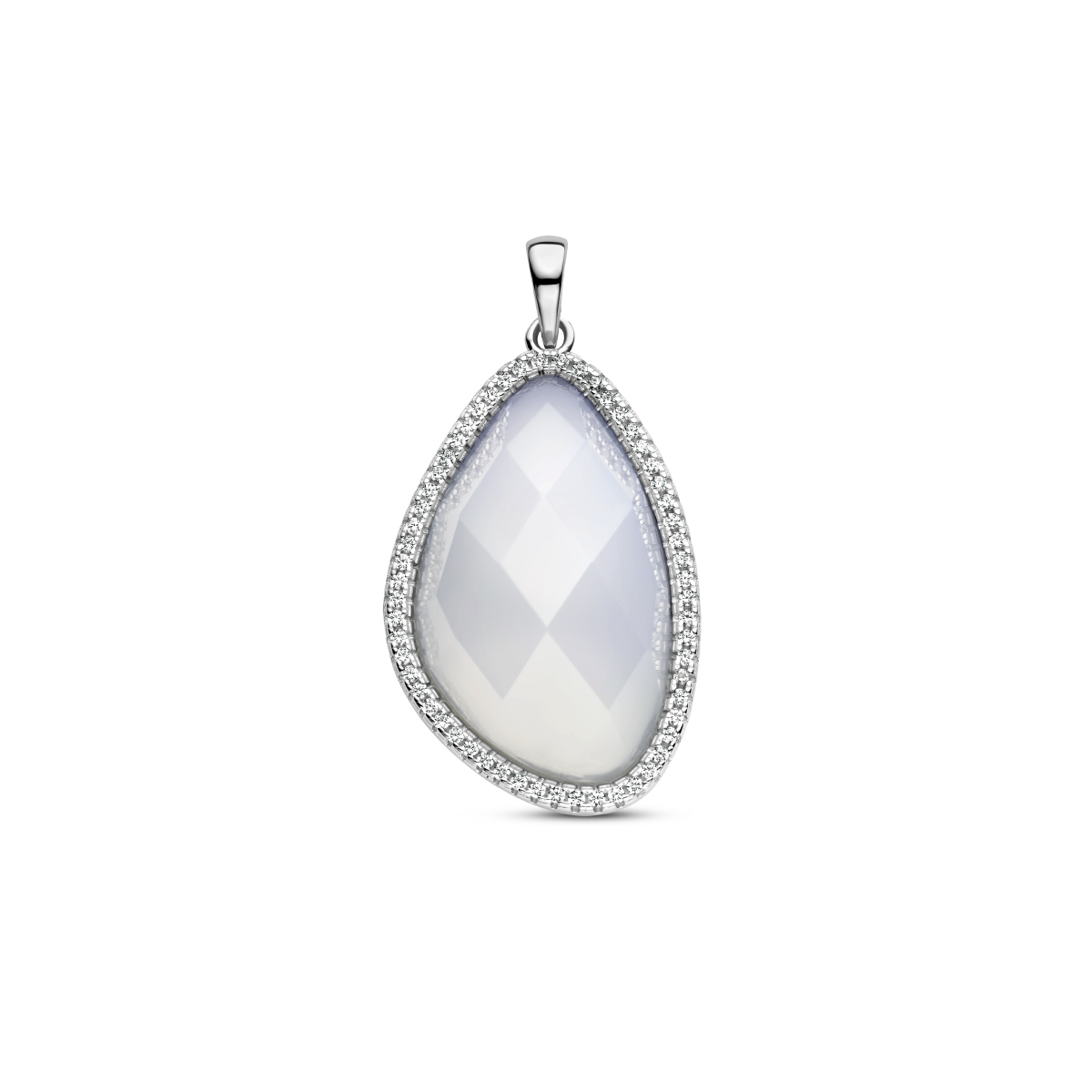 Gerhodineerd 925 zilveren hanger uitgevoerd met chalcedoon en zirkonia. De hanger heeft een totale hoogte van 36mm.