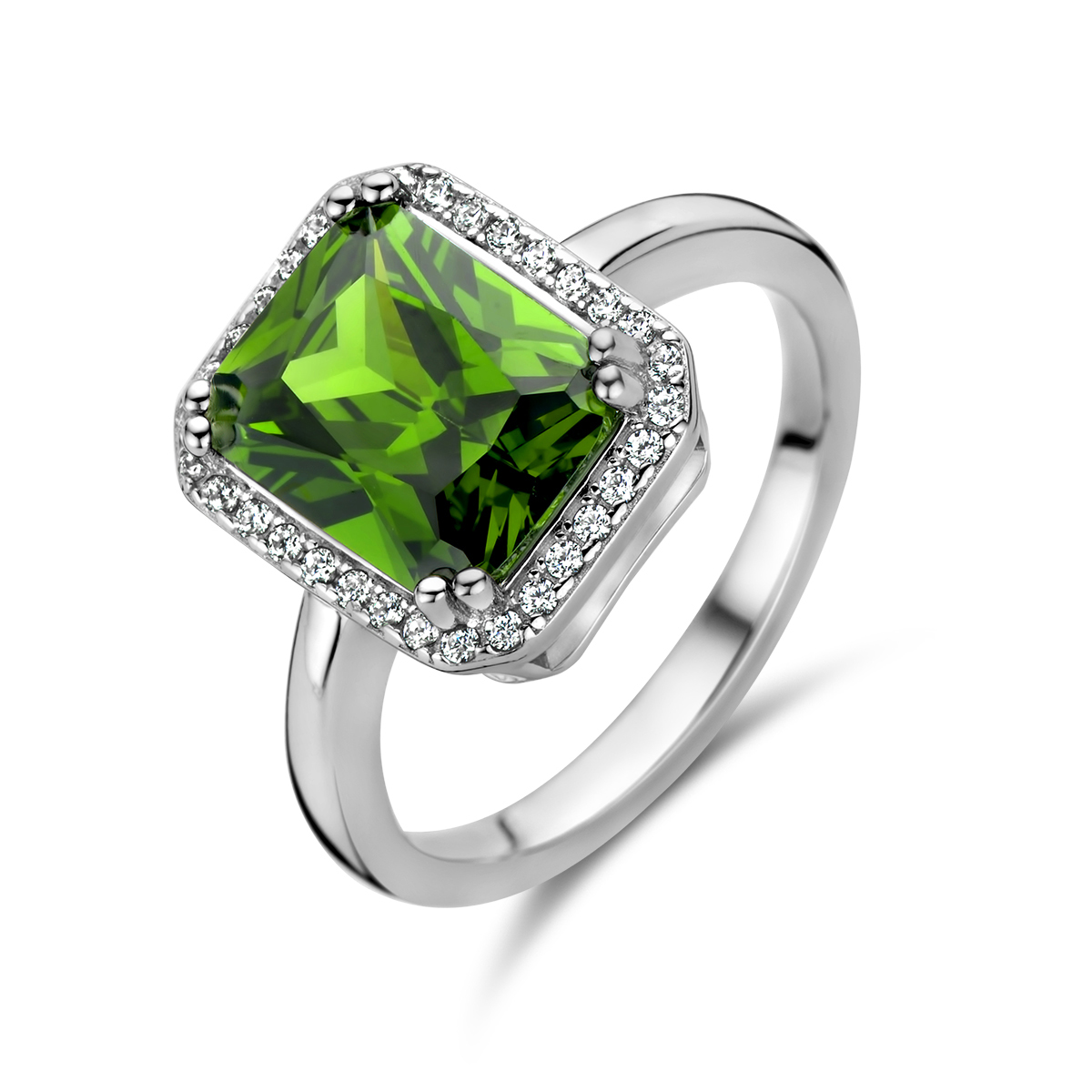 Gerhodineerd 925 zilveren ring uitgevoerd met zirkonia. De ring heeft ene breedte van 12.5mm.