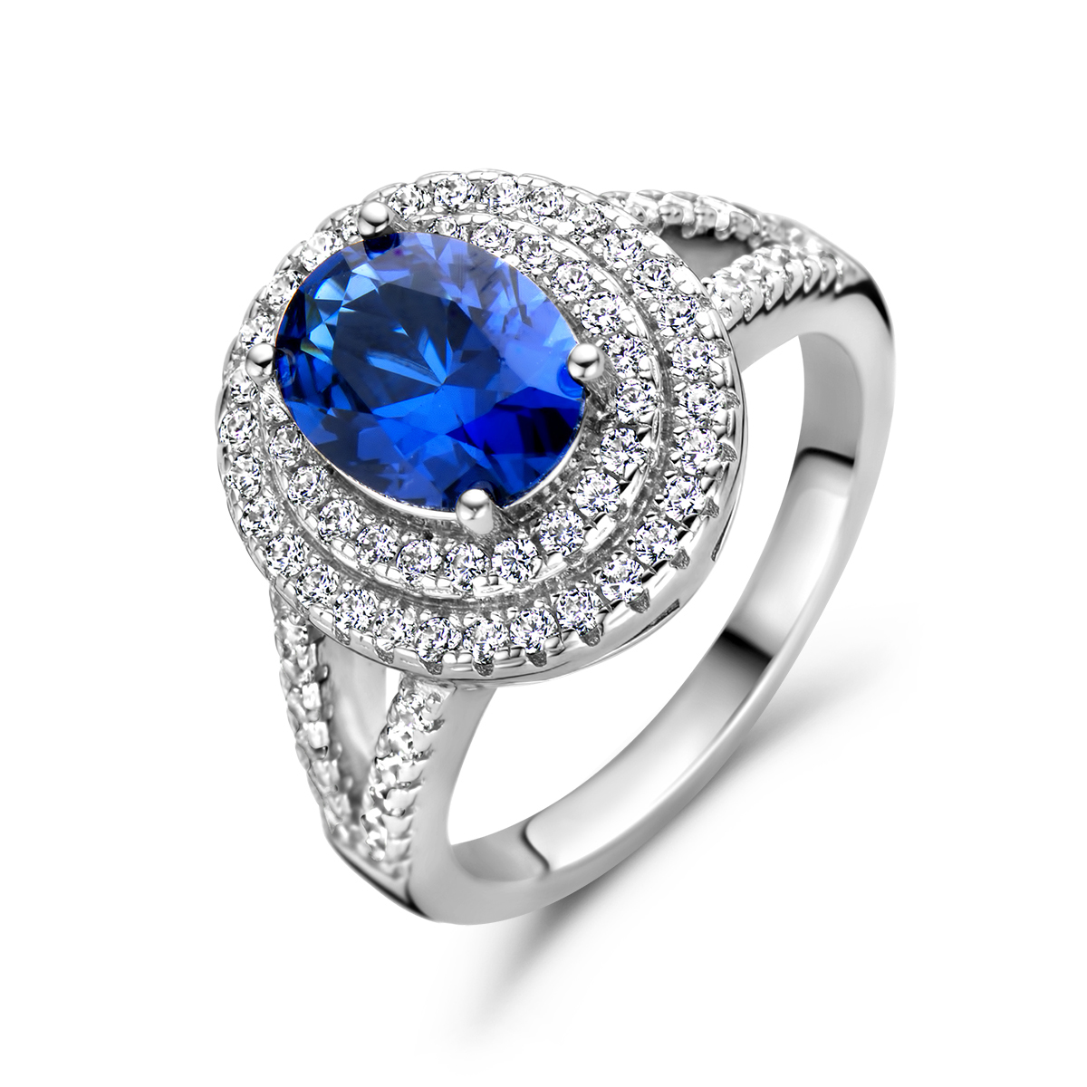 Gerhodineerd 925 zilveren ring uitgevoerd met zirkonia. De ring heeft een breedte van 15mm.