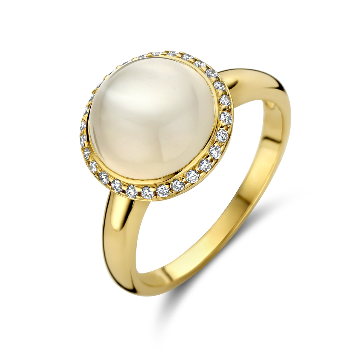14k Geelgouden ring uitgevoerd met wit maansteen en diamanten. De ring heeft een breedte van 12mm.