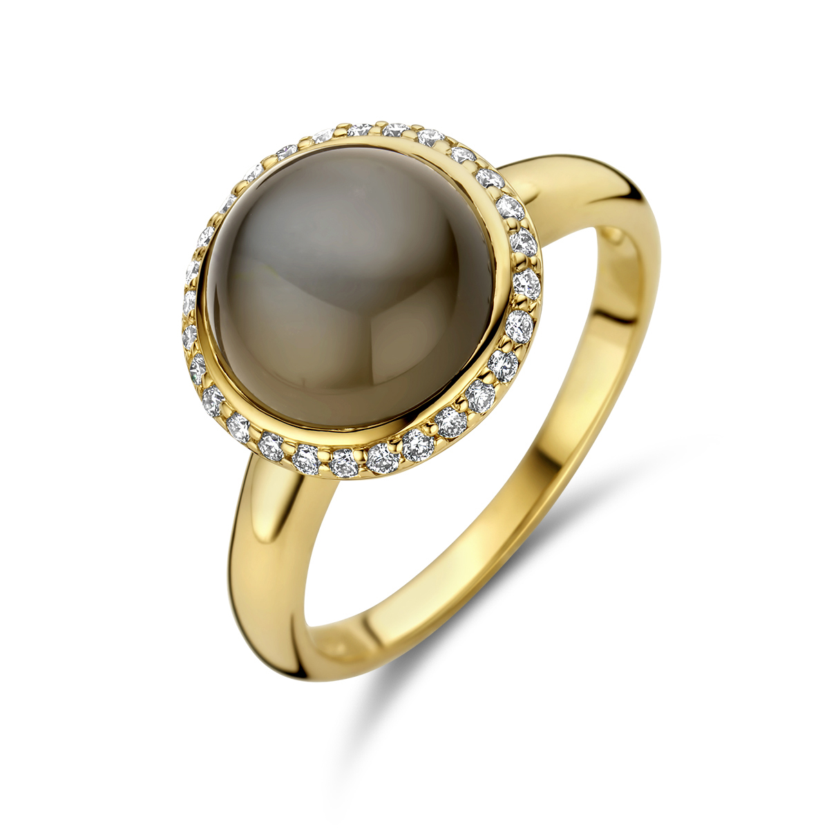 14k Geelgouden ring uitgevoerd met grijs maansteen en diamanten. De ring heeft een breedte van 12mm.