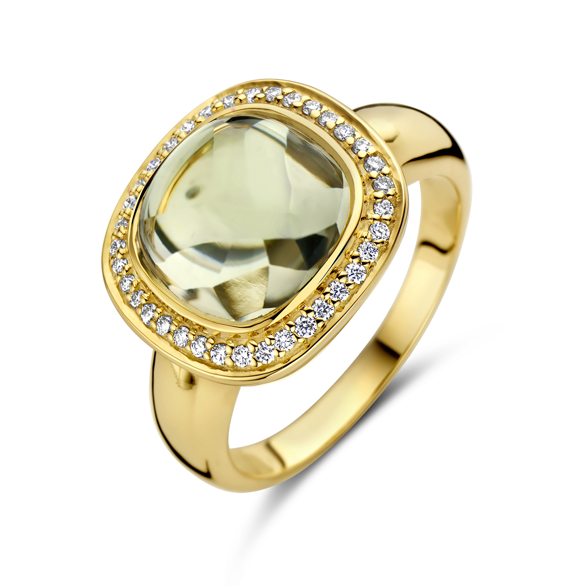 14k Geelgouden ring uitgevoerd met groen amethist en diamanten. De amethist heeft een cushion vorm en is aan de bovenzijde cabochon en aan de onderzijde briolet geslepen. De ring heeft een breedte van 14mm.