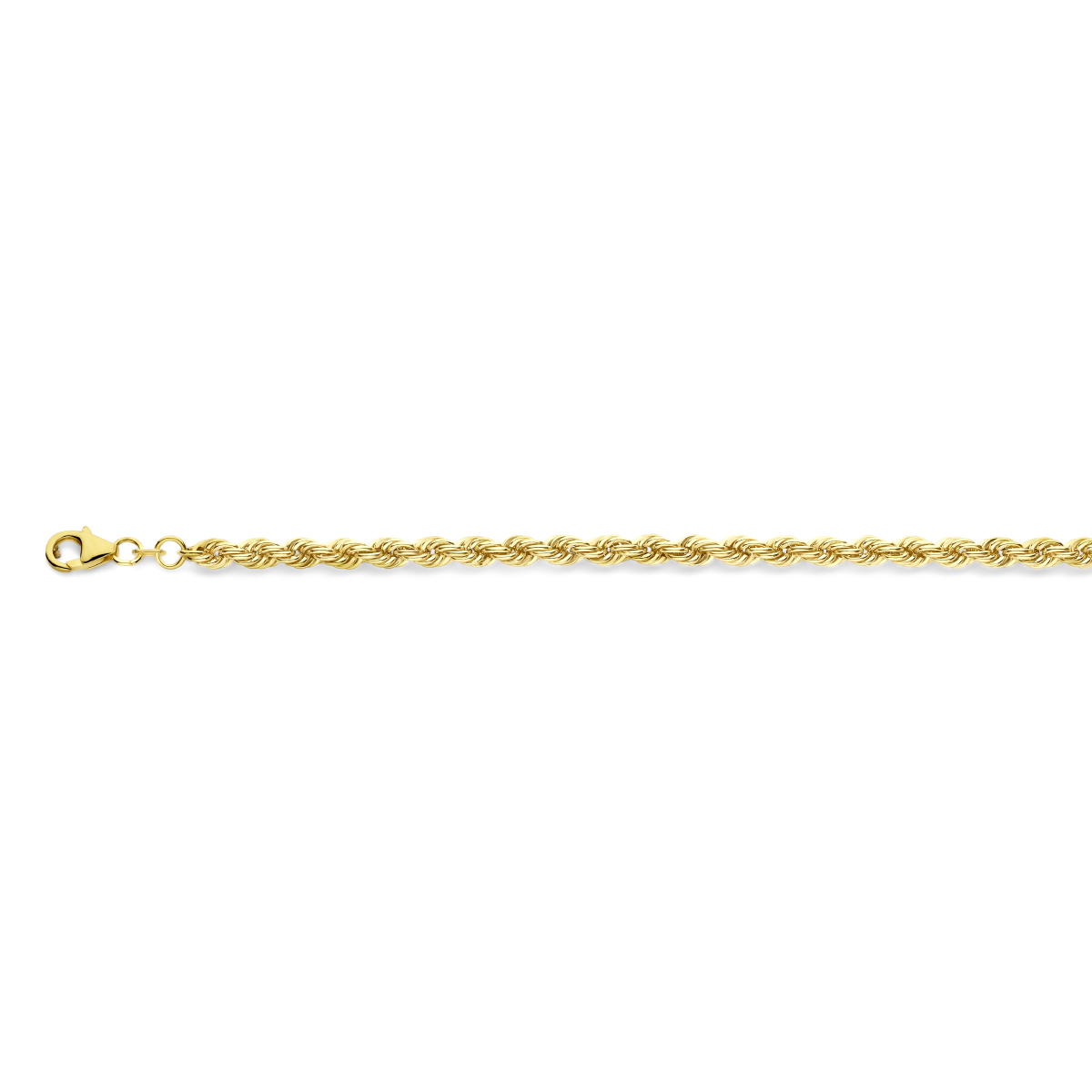 14k Geelgouden koord lengte-artikel met een schakelbreedte van 4.4mm. Uitgevoerd met een karabijn sluiting.