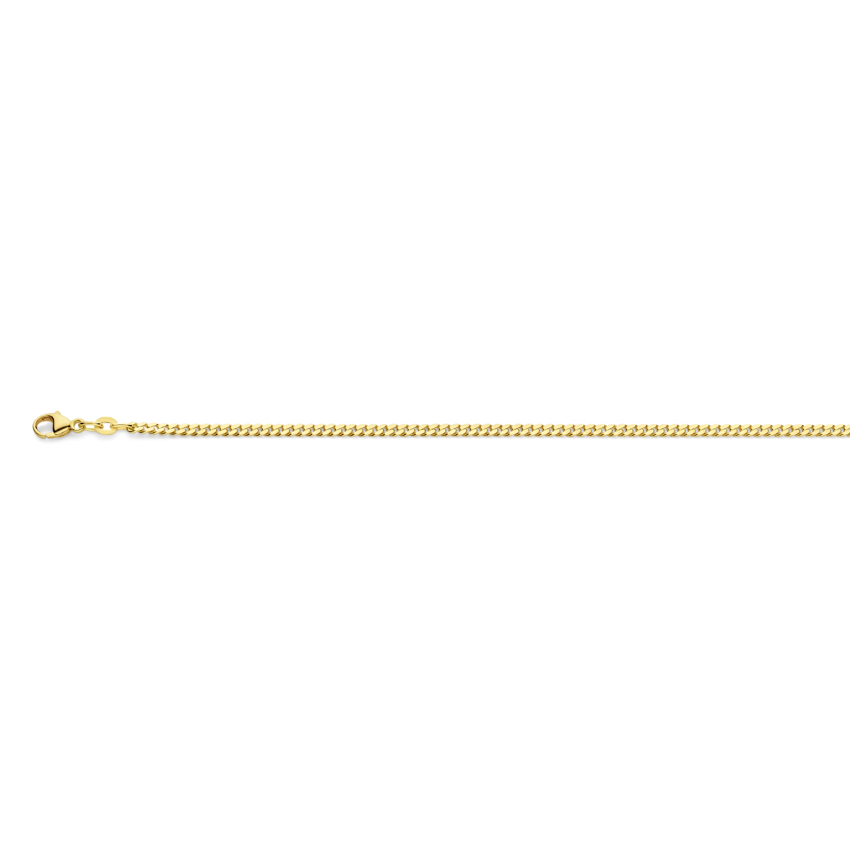14k Geelgouden gourmette lengte-artikel uitgevoerd met een karabijn sluiting. De schakelbreedte is 2.4mm.