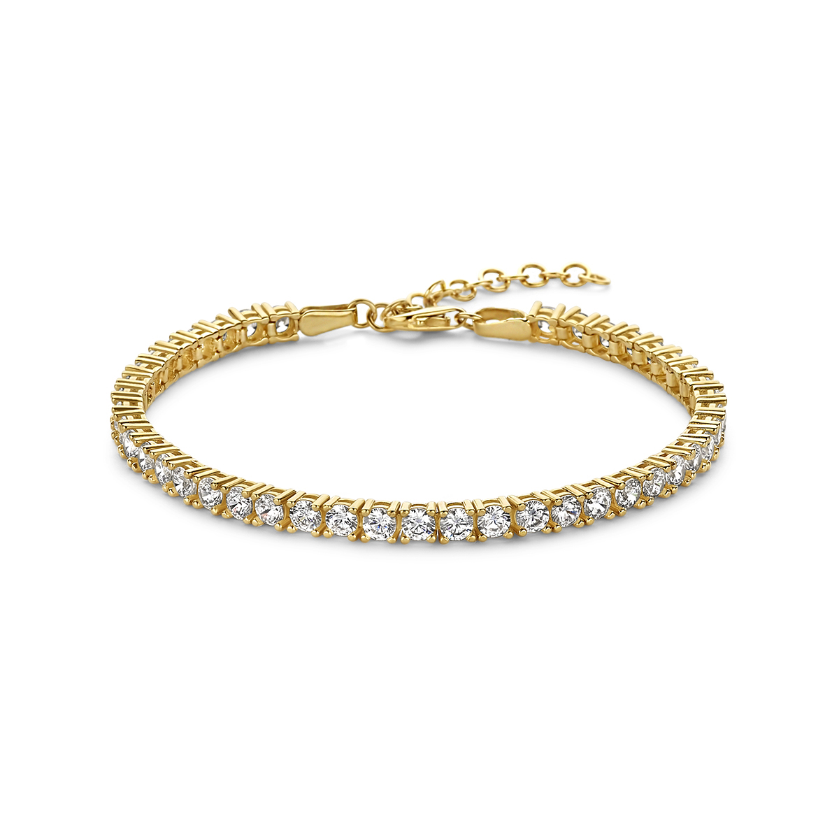 14k Geelgouden tennisarmband uitgevoerd met zirkonia. De armband heeft een draaglengte van 16cm met een extensie van 3cm. Uitgevoerd met een karabijn sluiting.