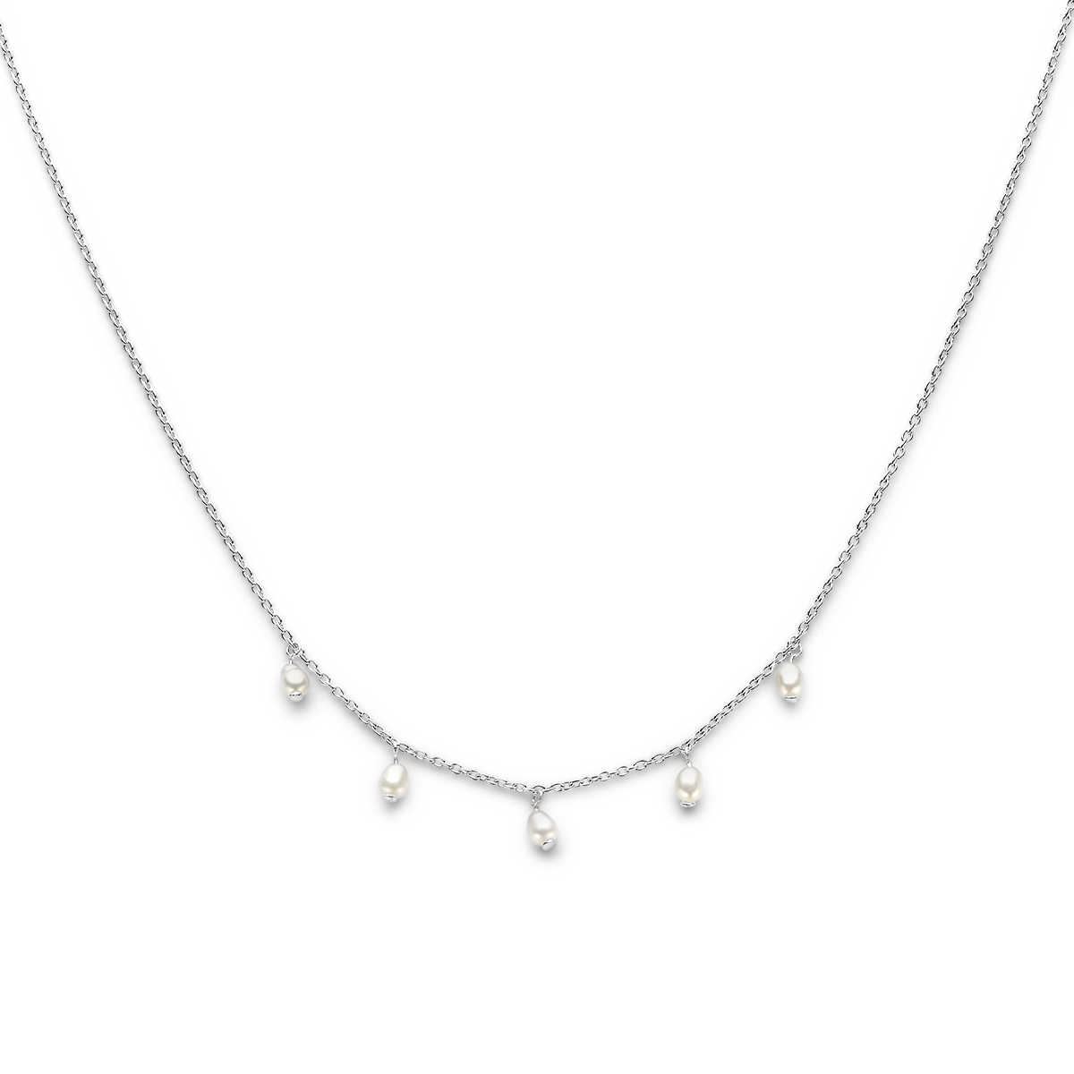 Gerhodineerd 925 zilveren collier uitgevoerd met zoetwaterparels. Het collier heeft een draaglengte van 42cm en een extensie van 3cm. De schakelbreedte is 1.2mm.