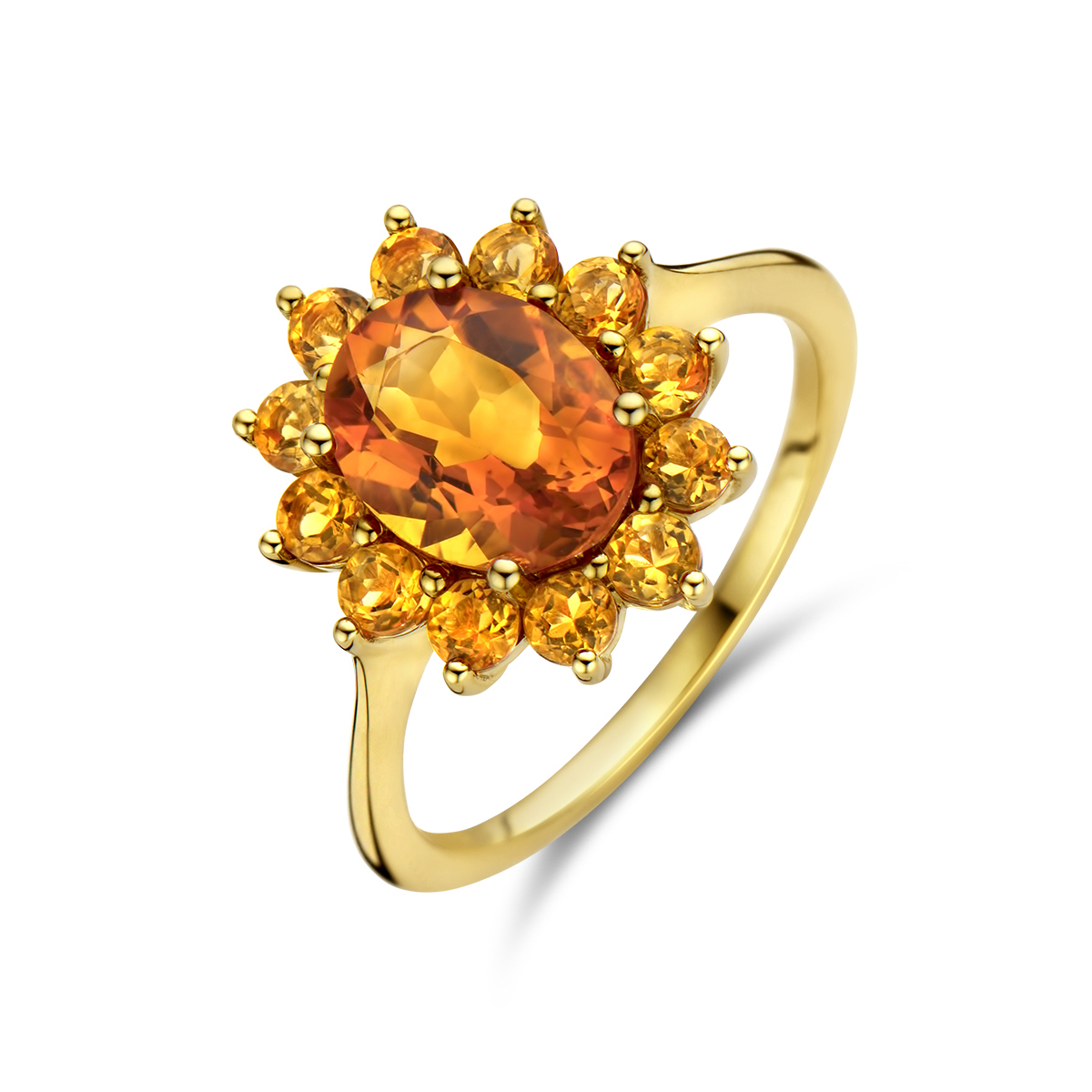 14k Geelgouden ring uitgevoerd met citrien. De ring heeft een breedte van 15mm.