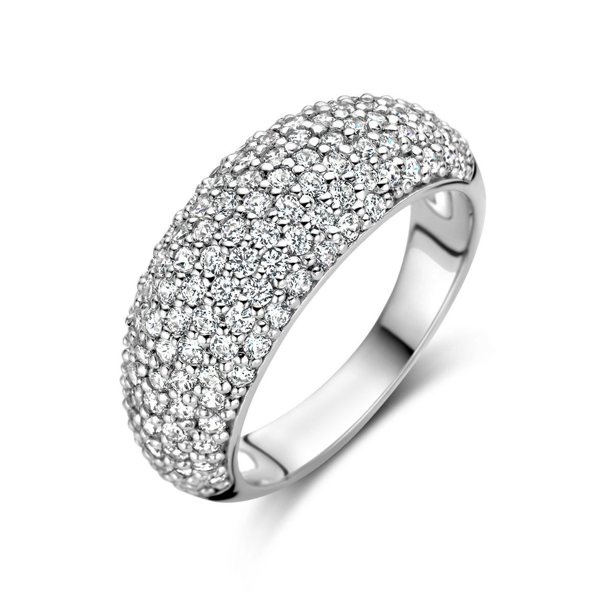 Gerhodineerd 925 zilveren ring uitgevoerd met zirkonia. De ring heeft een breedte van 9mm.