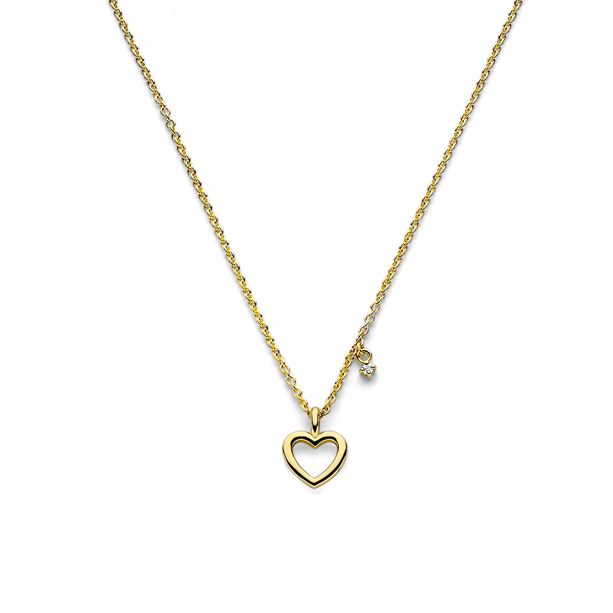 Geelgoud op 925 zilveren collier uitgevoerd met een hart, diamant en een karabijn sluiting. Het collier heeft een draaglengte 42cm en een extensie van 3cm. De schakelbreedte is 1.4mm. Geen garantie op plating.