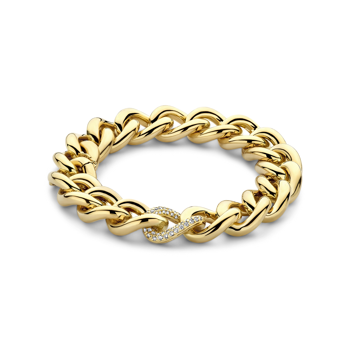 14k Geelgouden schakel armband, waarvan 1 schakel met diamanten gezet en een schakelvormig slot. De armband heeft een draaglengte van 20cm.
