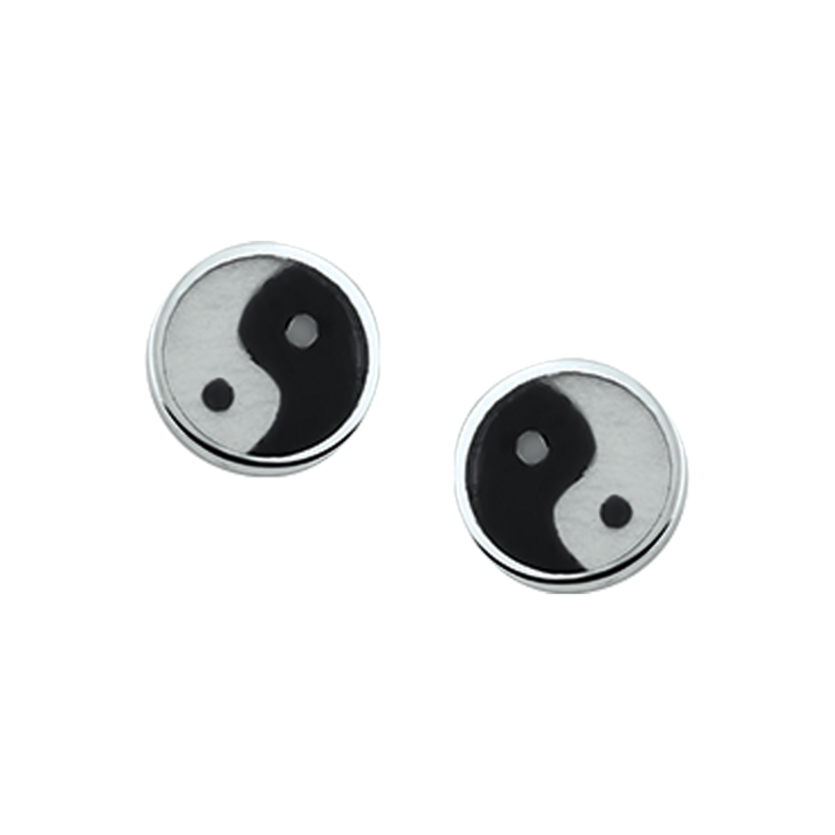 Zilveren oorknoppen met een yin yang-teken van emaille en hebben een diameter van 7 mm.