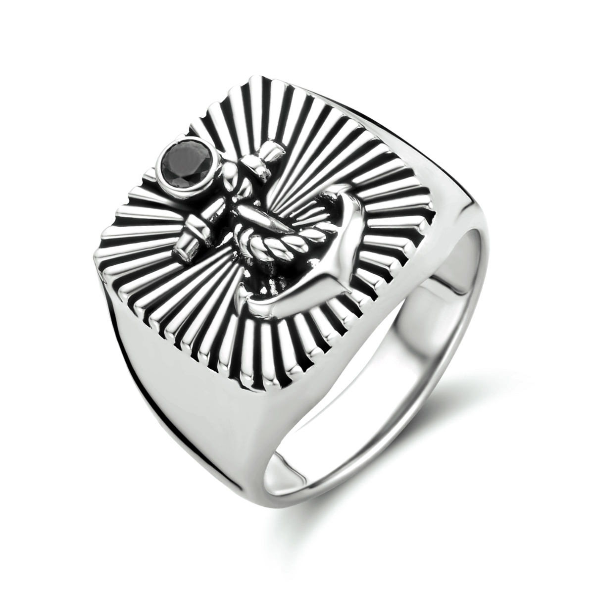 Gerhodineerd 925 zilveren zegelring uitgevoerd met een anker en een zwart zirkonia. De ring heeft een breedte van 16.5mm.
