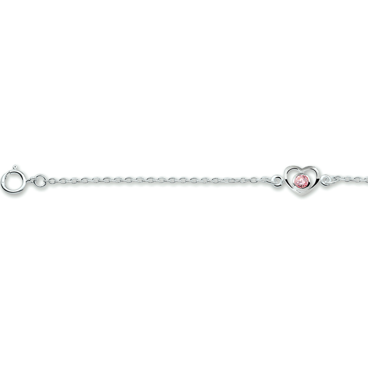 Zilveren armband met een open hart en roze zirkonia. De armband is onderdeel van een set. De lengte van de armband bedraagt 13cm met 2cm extensie. De schakelbreedte bedraagt 1.5mm.