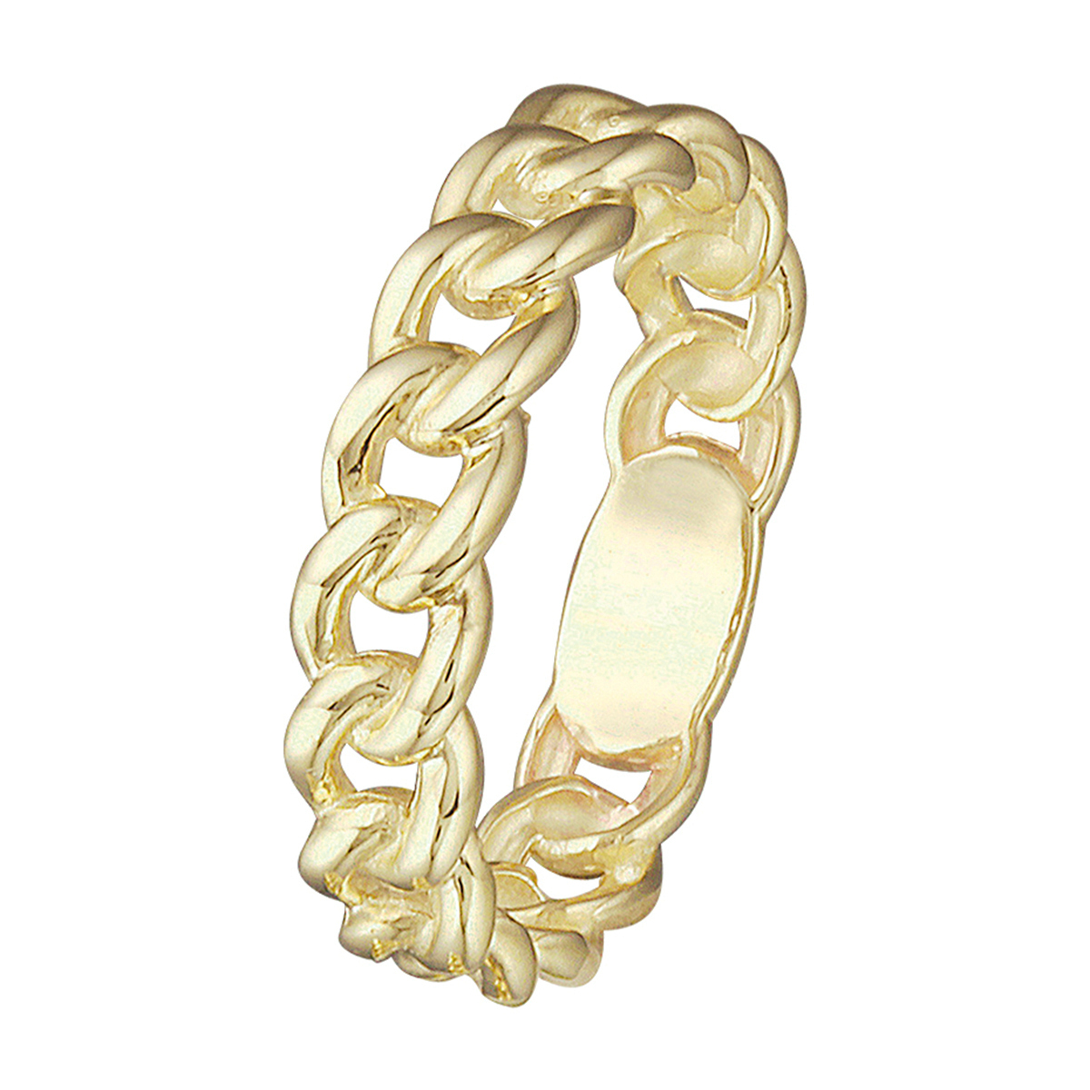 Geelgouden ring met een schakelmotief en een poli afwerking. De ring is goed te combineren met bijpassende schakelmotief sieraden uit onze collectie.