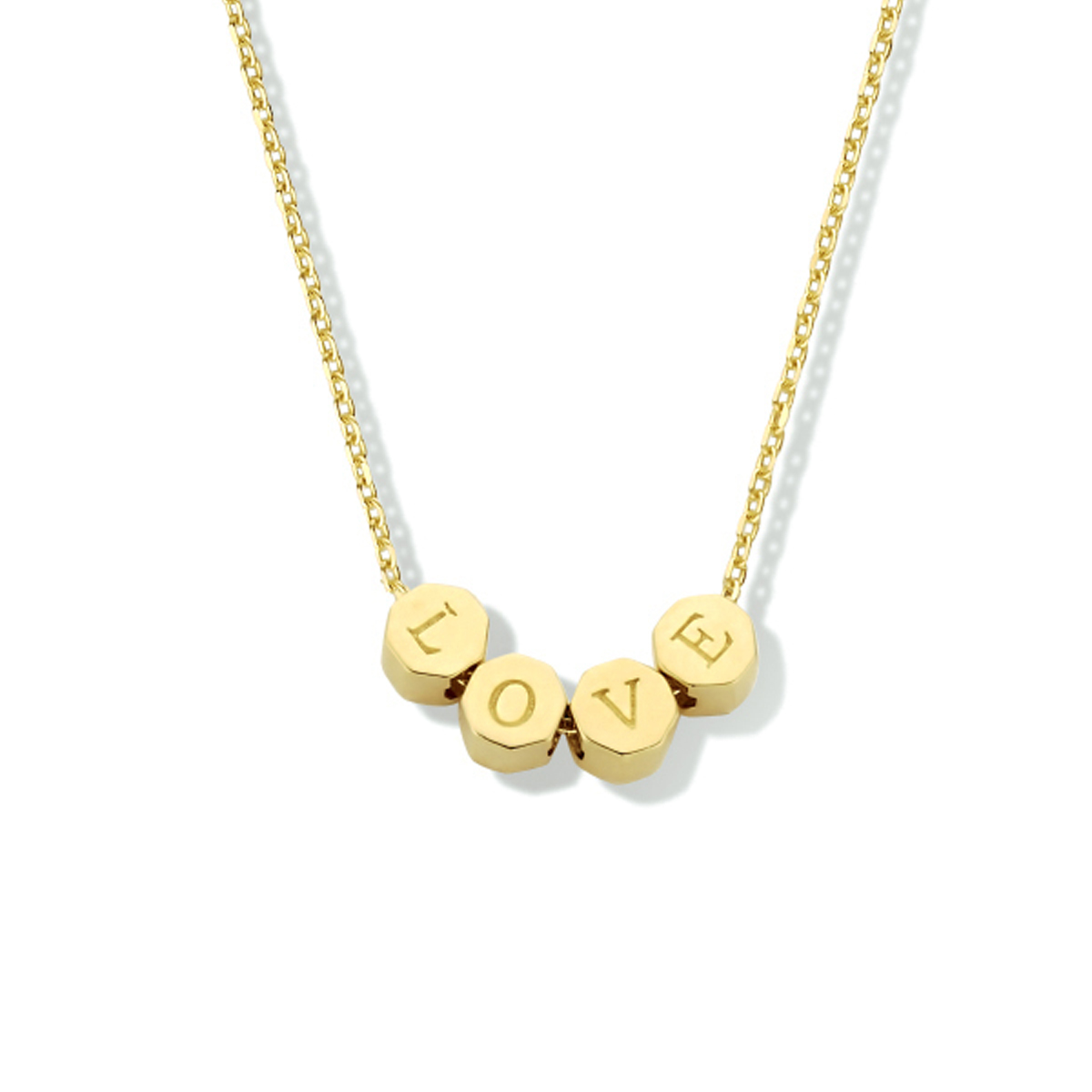 14k Geelgouden collier uitgevoerd met 4 elementen met de tekst 'love'. Het collier heeft draaglengtes van 40 - 42 - 44 cm. De schakelbreedte is 0.8mm.
