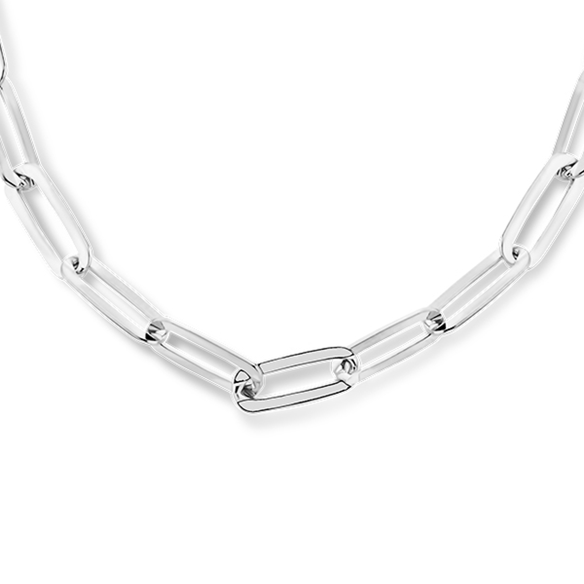 Gerhodineerd 925 zilveren paperclip collier met schakelbreedtes van 2.4 en 5.5mm. Het collier heeft een draaglengte van 40cm met een extensie van 4cm en een karabijn sluiting.