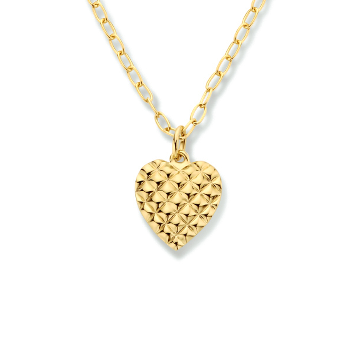 Geelgoud op 925 zilveren collier uitgevoerd met een hanger in de vorm van een hart. Het collier heeft een draaglengte van 42cm met een extensie van 3cm en een karabijn sluiting. De schakelbreedte is 2.2mm. Geen garantie op plating.