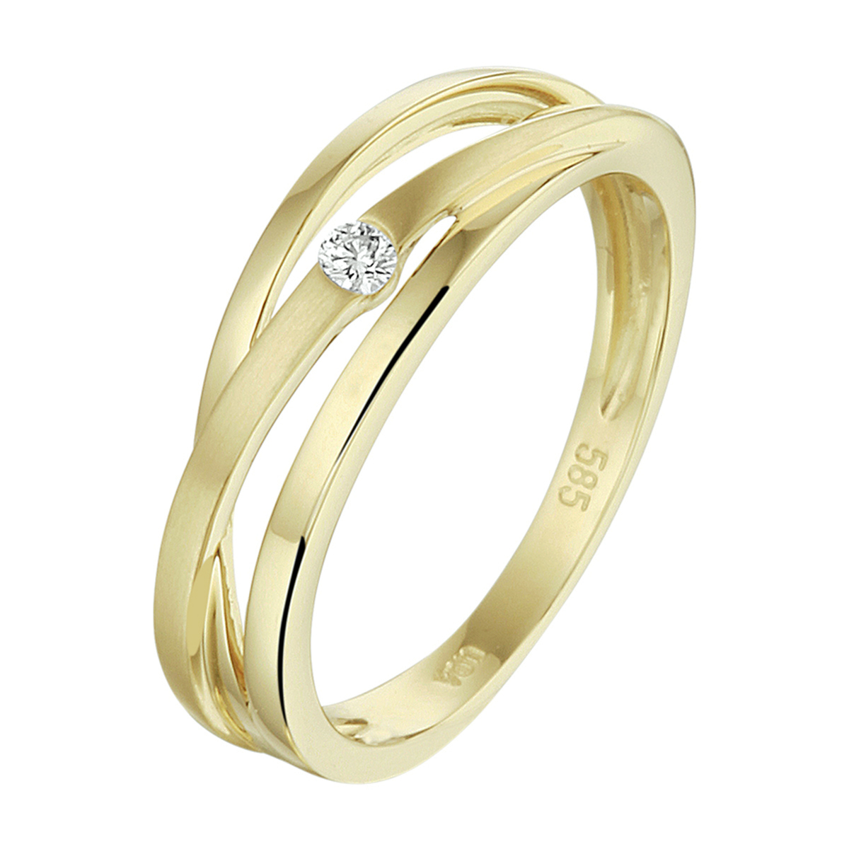 14k geelgouden ring uitgevoerd met een schitterende diamant. De ring heeft een breedte van 5.5mm.