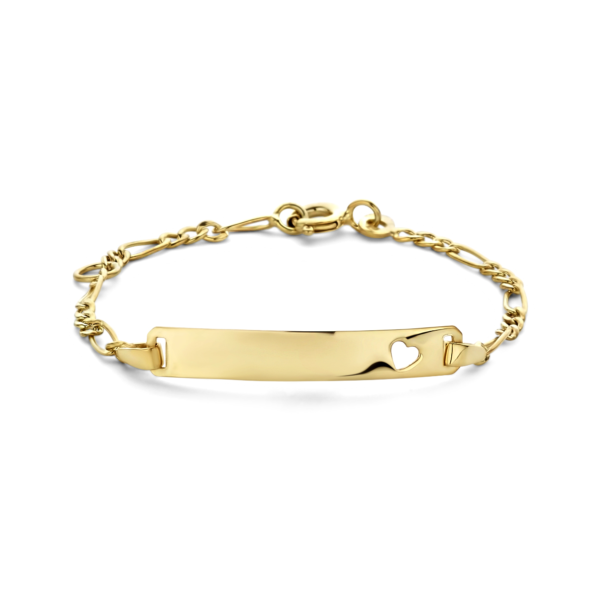 9k Geelgouden graveerarmband met een schakelbreedte van 2mm. De armband is uitgevoerd met een plaat van 4x25mm met een een dikte van 0.4mm en een hartje daarin.