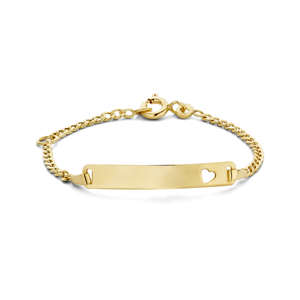9k Geelgouden graveerarmband met een schakelbreedte van 1.8mm. De armband is uitgevoerd met een plaat van 4x25mm met een dikte van 0.4mm en een hartje daarin.