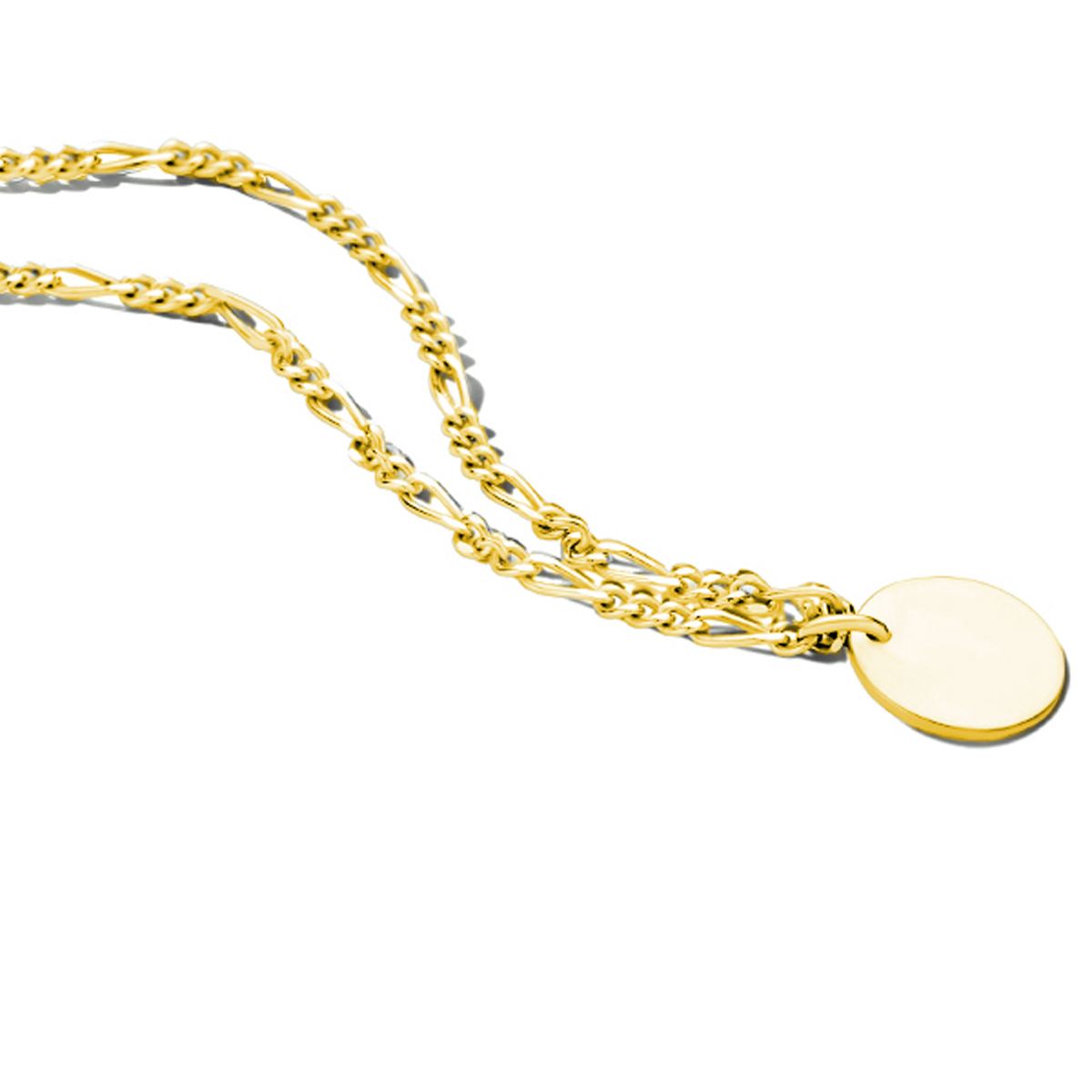 Geelgoud op 925 zilveren figaro collier uitgevoerd met een ronde hanger en een stevige karabijn sluiting. Het collier heeft een draaglengte van 40cm met een extensie van 5cm. De hanger heeft een diameter van 10mm en een dikte van 0.7mm. De schakelbreedte is 1.9mm. Geen garantie op plating.